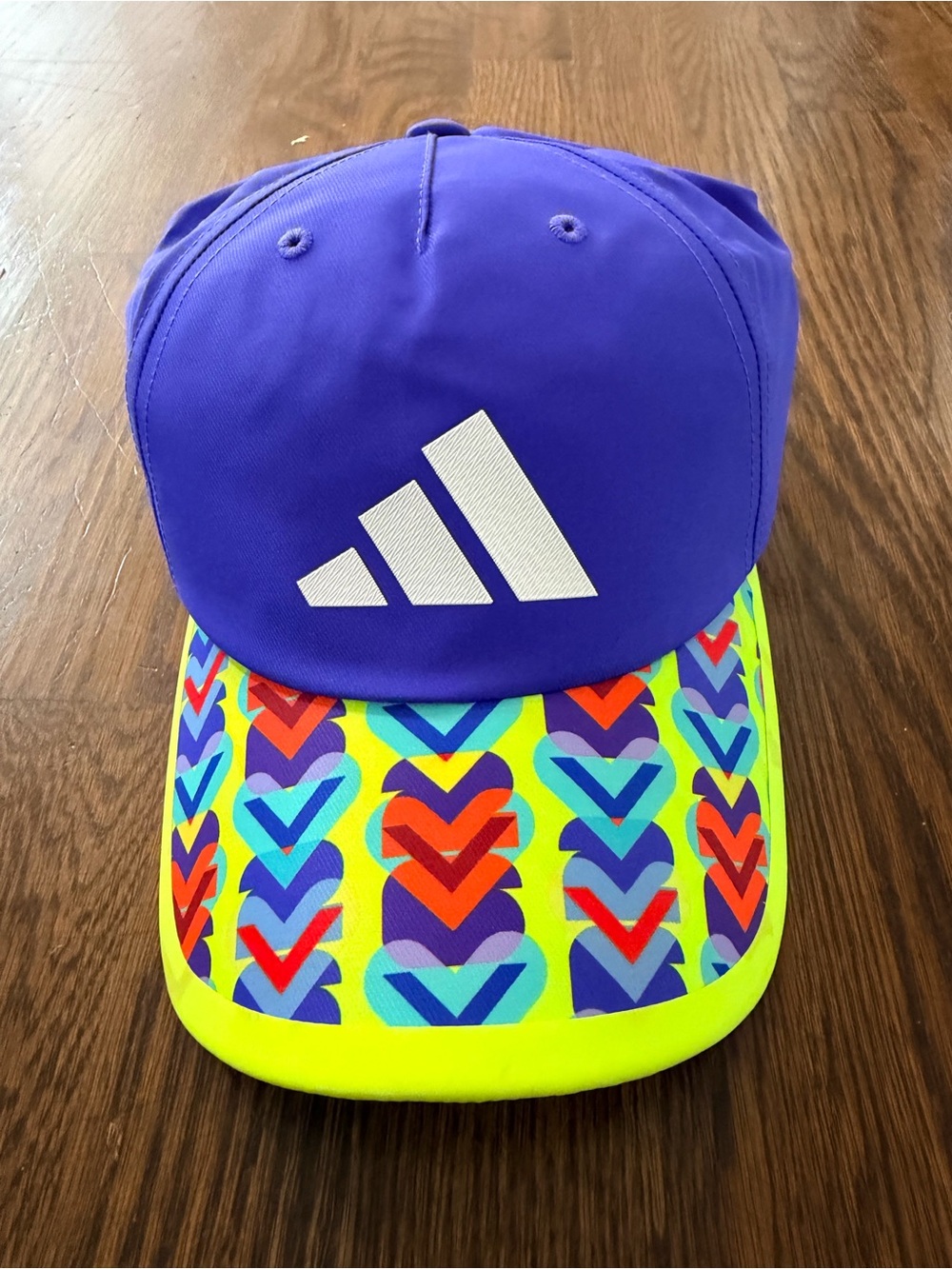 adidas World Cup Volunteer Hat Blue Neon Green Brim and Multicolor Heart Pattern - Picture 2 of 4
